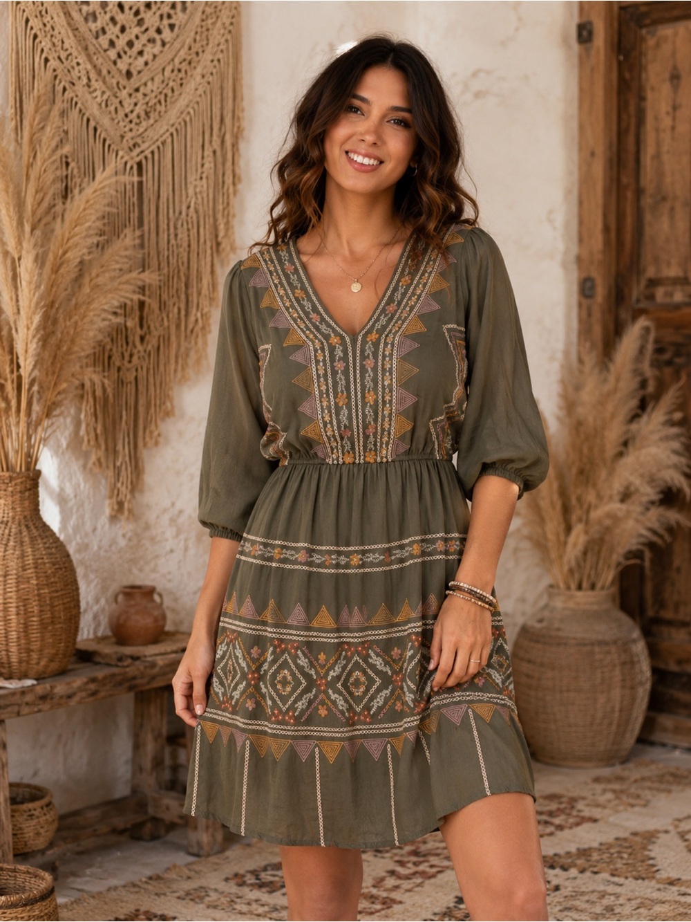 Savanna Jane Olive Green Embroidered Boho summer dress